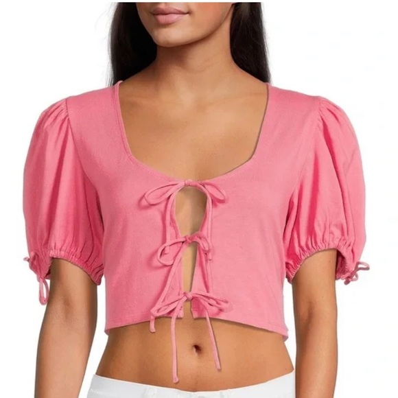 FREE PEOPLE Kitty Cotton Front-Tie Crop Top In Velvet Rose - Picture 2 of 11